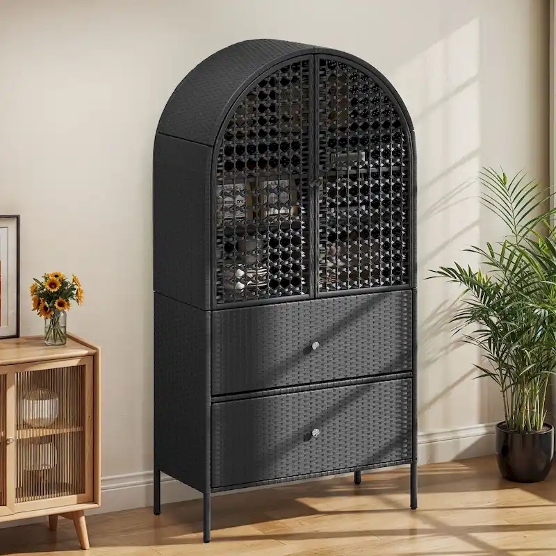 65 Tall Arched Wicker Kitchen Pantry Cabinet,Farmhouse Cupboard with 3 Shelves & 2 Drawers
