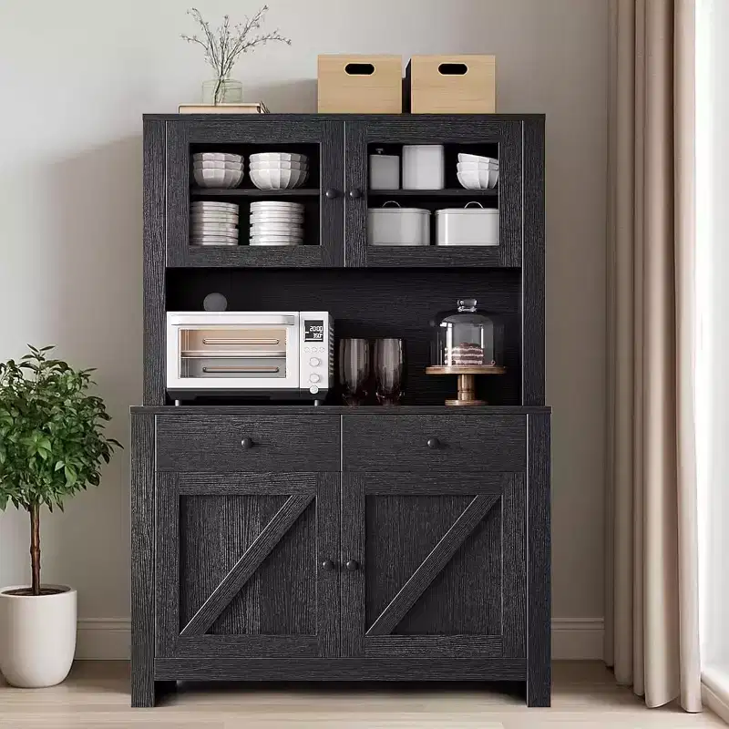 Freestanding Kitchen Pantry Cabinet with Drawers and Hutch, Adjustable Shelves and Microwave Stand, 63-Inch Tall Storage Unit for Dining Rooms