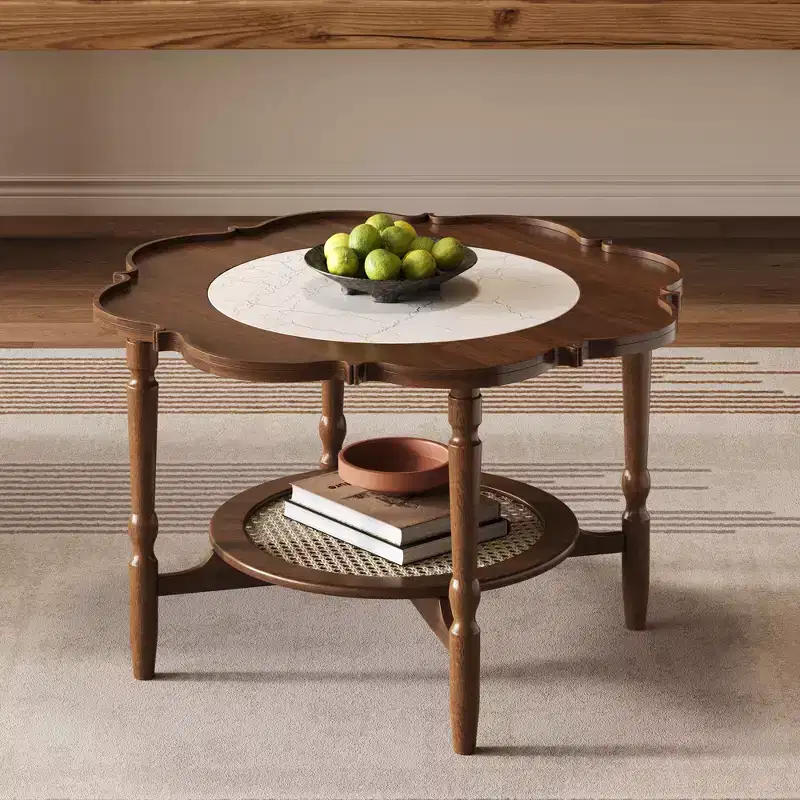 ModernLuxe Petal Coffee Table with White Crackle Pattern Glass, Mid-Century Modern Cocktail Table 2-Tiered Sofa Side Table Rattan Accent Table, Walnut