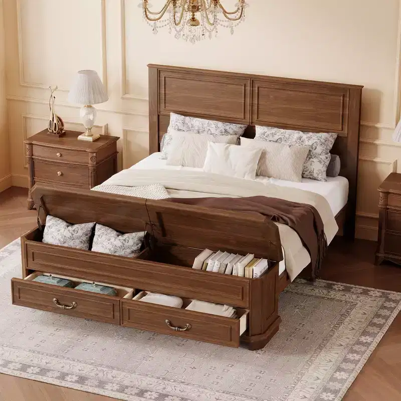 Farmhouse Style Pinewood Queen Size Bed with Storage Bench and 2 Large Drawers