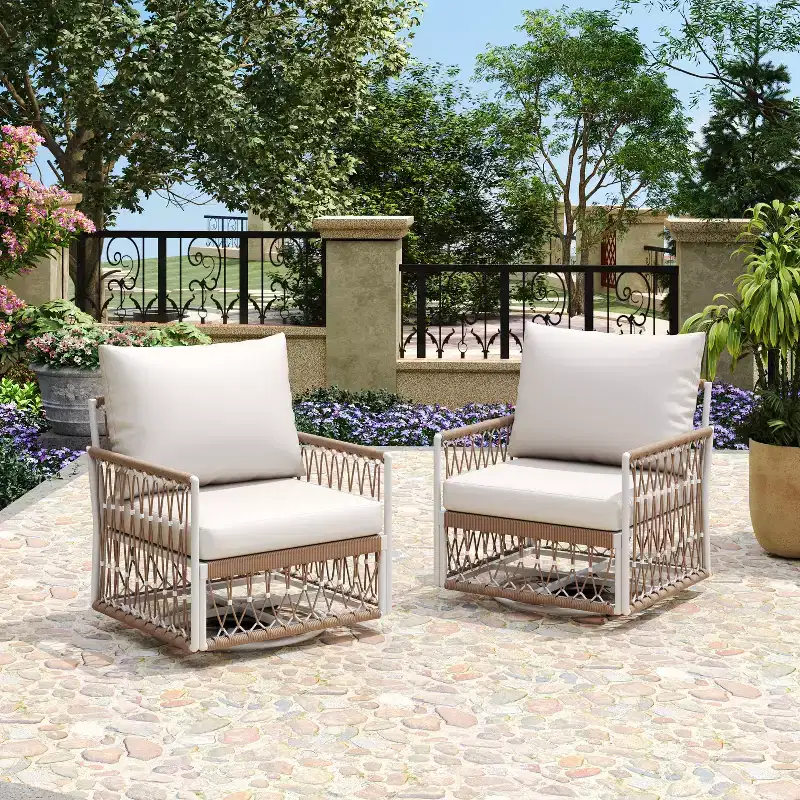 Set of 2 Outdoor Lounge Chair Patio 360Swivel Accent Chair Bohemian Armchair Patio Seat with Waterproof Cushion & Weather-Resistant Frame -ModernLuxe
