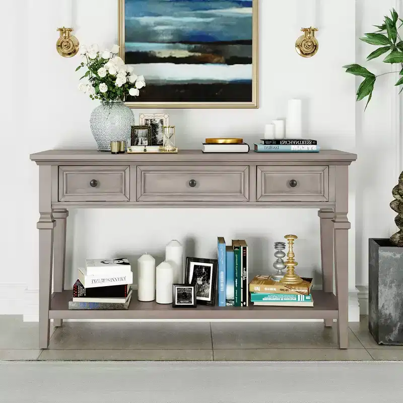 Whisen Classic Retro Style Console Table with 3-Top Drawers and Open Shelf