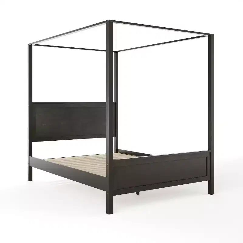 Queen Size Solid Wood Canopy Platform Bed with Wood Headboard and Footboard, No Box Spring Needed, Dark Gray