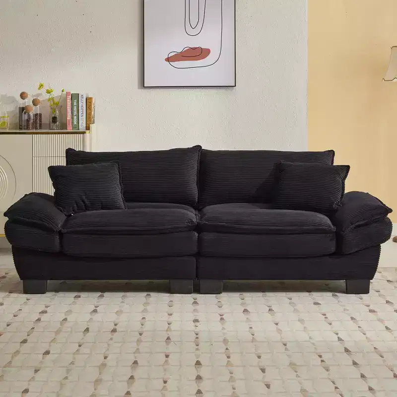 Corduroy Loveseat Upholstered Deep Seat Sofa with Pillows, Black, 84