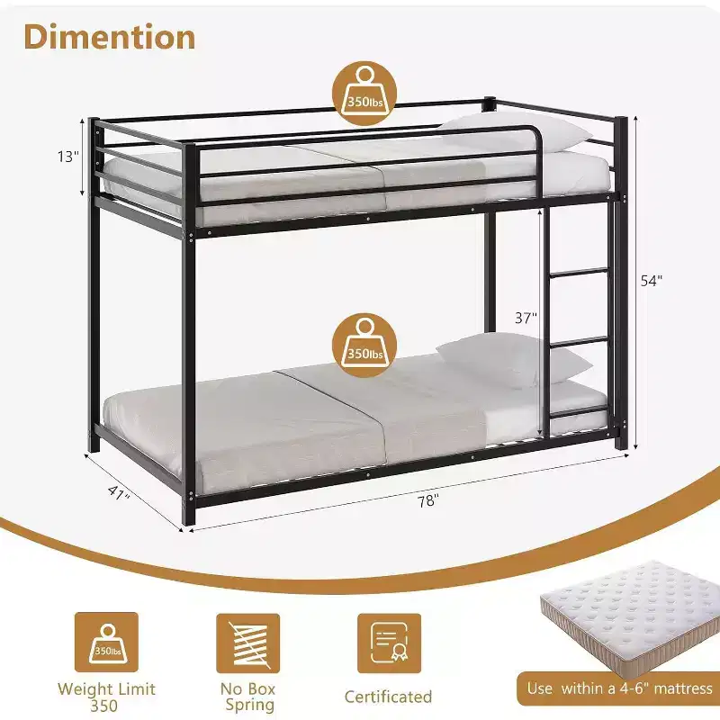 JOYMOR Bunk Bed Twin Over Twin, Metal Twin Size Bed Frame with Safety Guardraild for Boys , Profile Space Saving Design