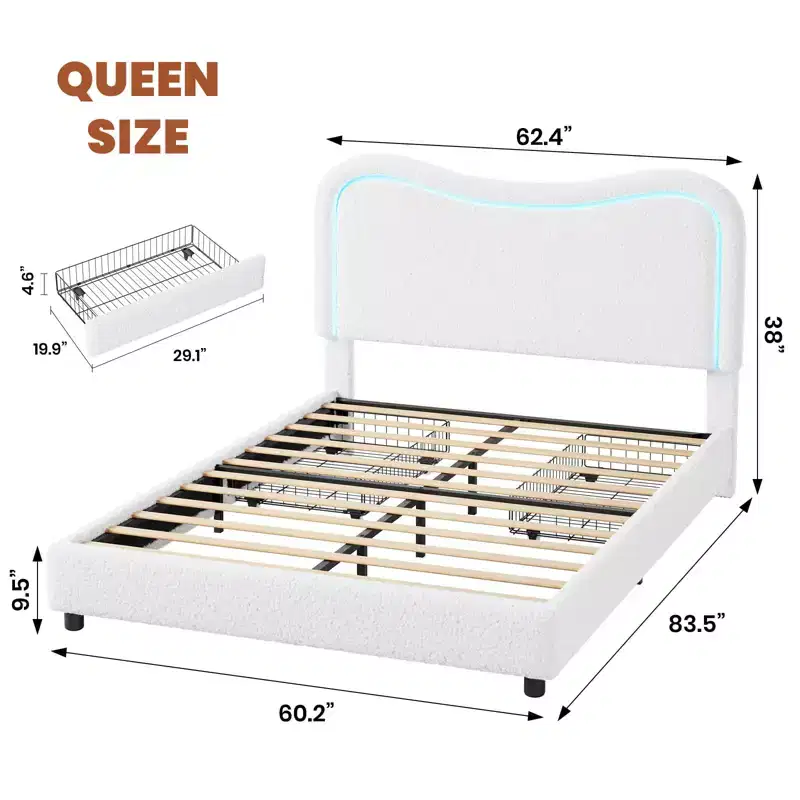 Coolmee Queen Bed Frame with 2 Drawers and Headboard, Cute Upholstered Bed with Storage, Sturdy Platform Bed, No Box Spring Needed, Wooden Slats