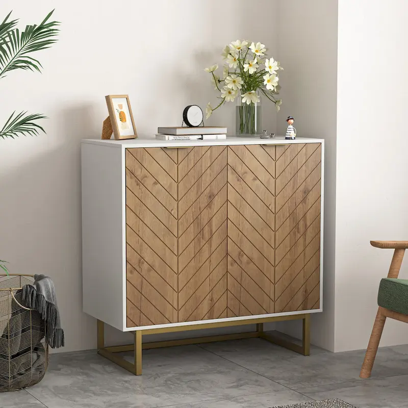 White and Gold Storage Cabinet with 2 Doors, Buffet Sideboard Cabinet, Kitchen Buffet Cabinet with Storage Sideboard Buffet