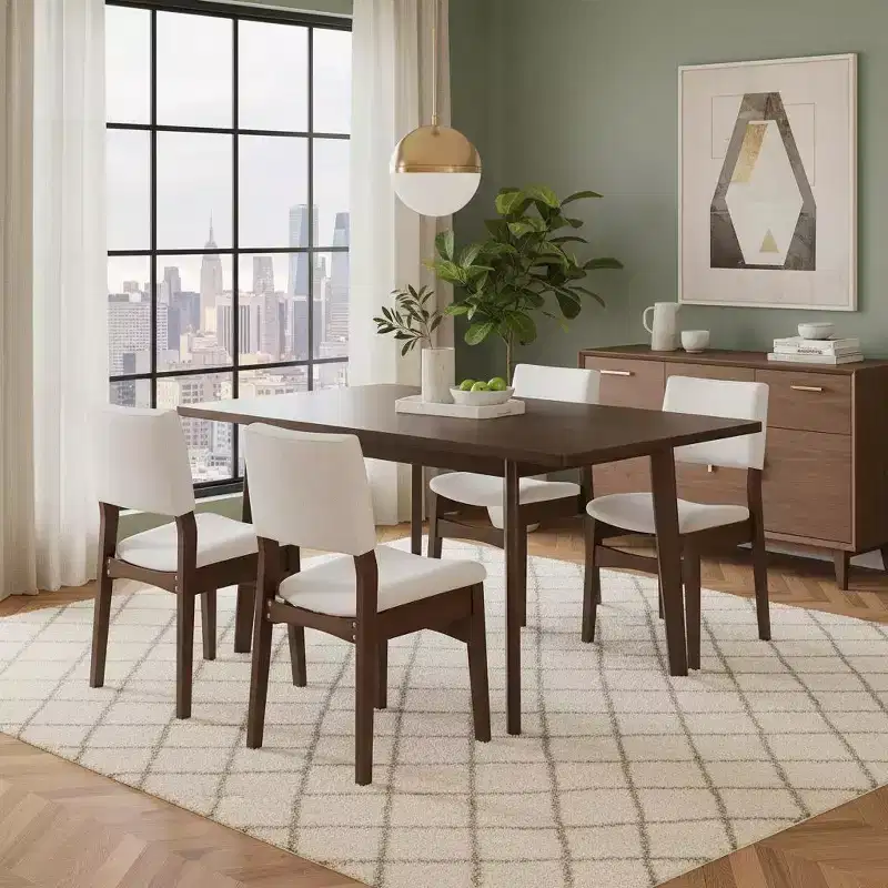 Polibi Modern 5-Piece Dining Set with Solid Wood Table & 4 Upholstered Linen Chairs
