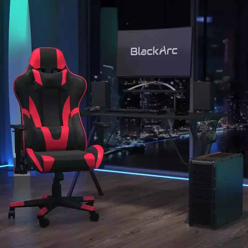 Gaming Setup: Reclining Chair with Lumbar Support & Headrest; Desk with Detachable Headphone Hook/Cupholder & Monitor Stand