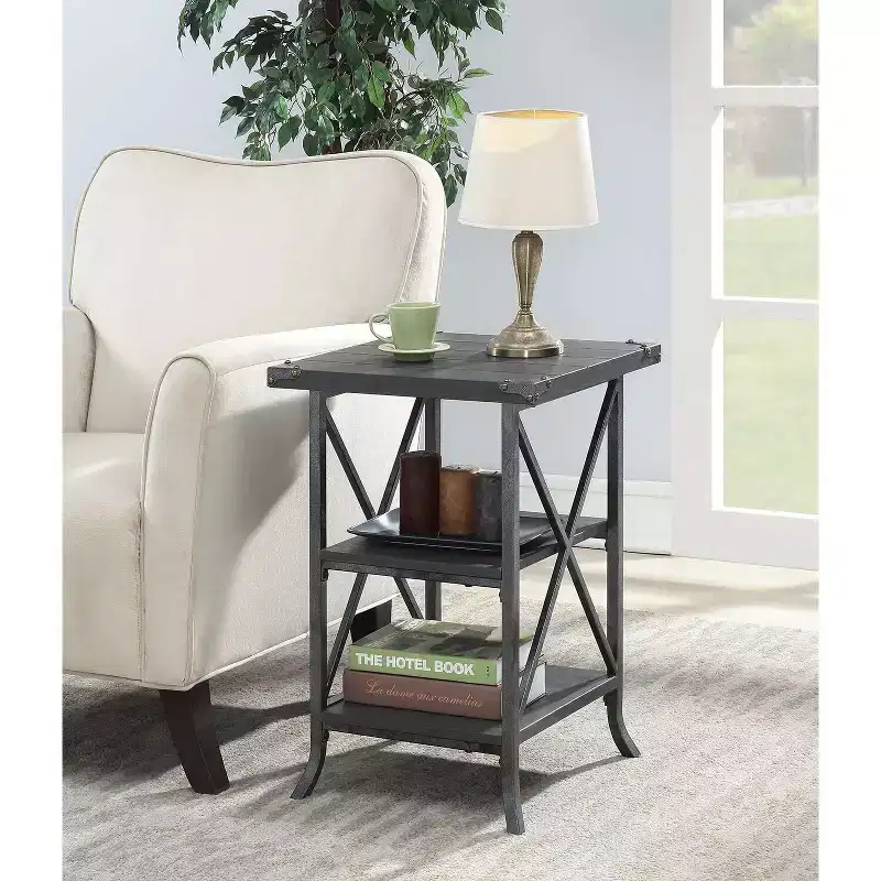 HomeStock Belmont End Table with Spacious Top, Open Bottom Shelf, Powder Coated Metal Frame and Rustic Modern Design