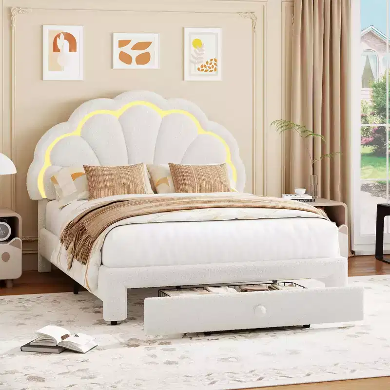 Upholstered LED Bed Frame, with Storage Drawer, Adjustable Chic Headboard, Berber Fleece Princess Platform Bed for Kids, Wood Support, No Box Spring