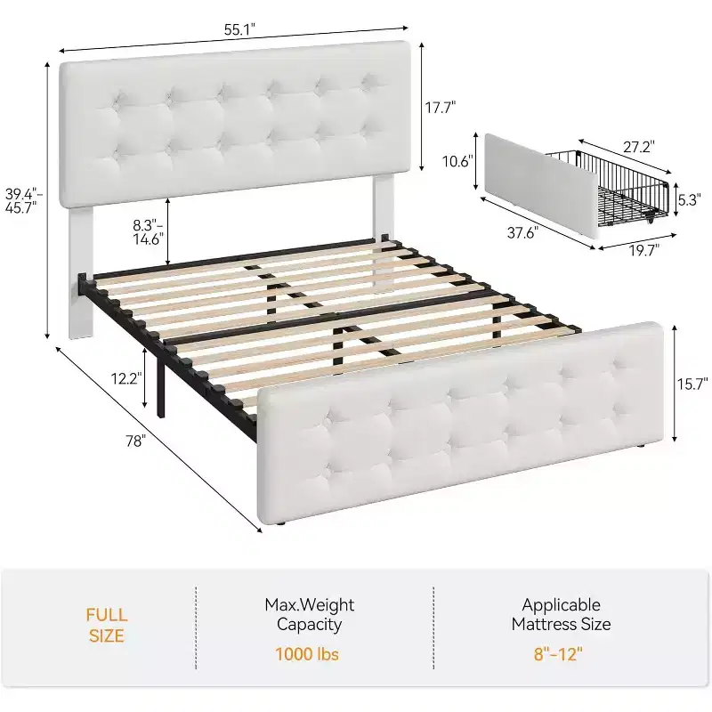 Full/Queen/King Storage Bed Frame with 4 Drawers & Adjustable Headboard - Linen/PU/Velvet Upholstered Platform Bed