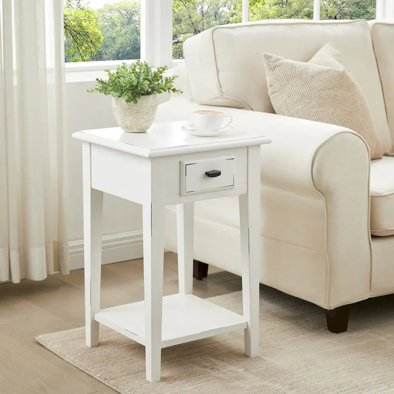 Medium Oak / Slate Black / White One-Drawer Square Side Table with Bottom Shelf