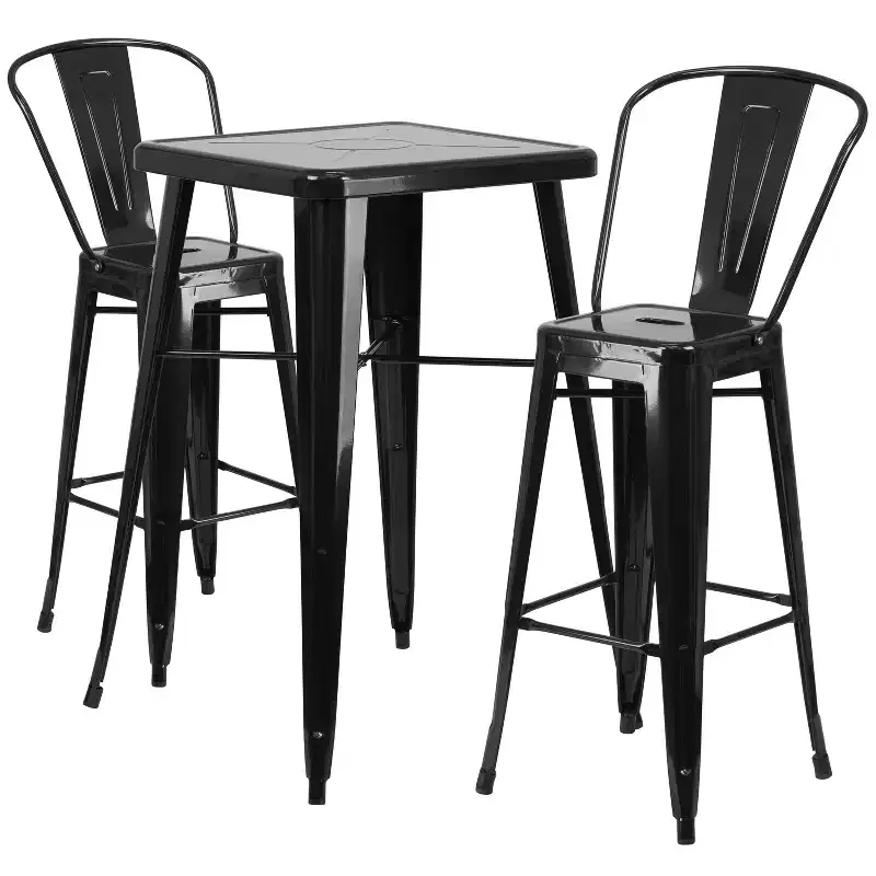 Emma and Oliver Commercial Grade 23.75 Square Metal Indoor-Outdoor Bar Table Set, 2 Back Stools