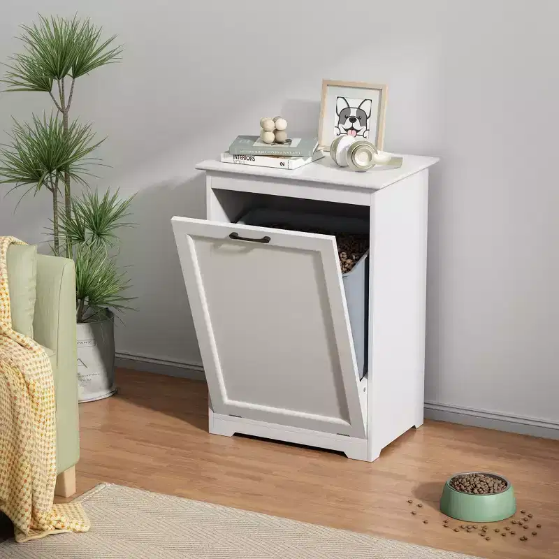 10 Gal. Tilt Out Trash Cabinet Laundry Hamper Kitchen Wooden Trash Can Holder Garbage Bin With Angle Adjustable Door