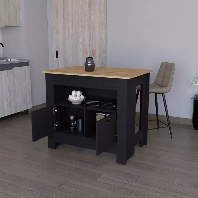 Modern Kitchen Island with 2 Cabinet Doors and 3 Storage Shelves