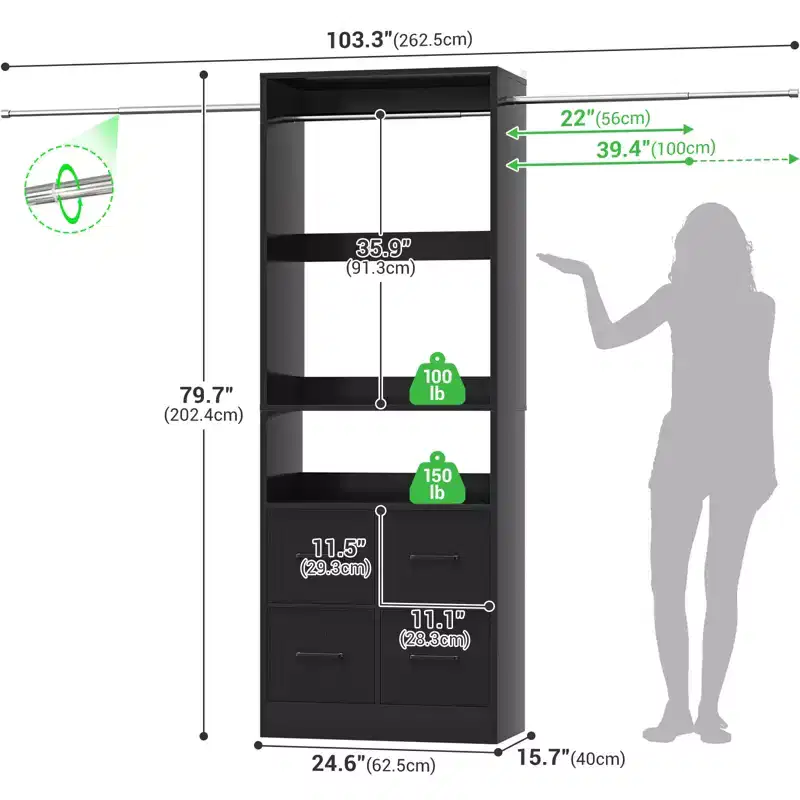 25 To 103 Closet System with Four Farbric Drawers