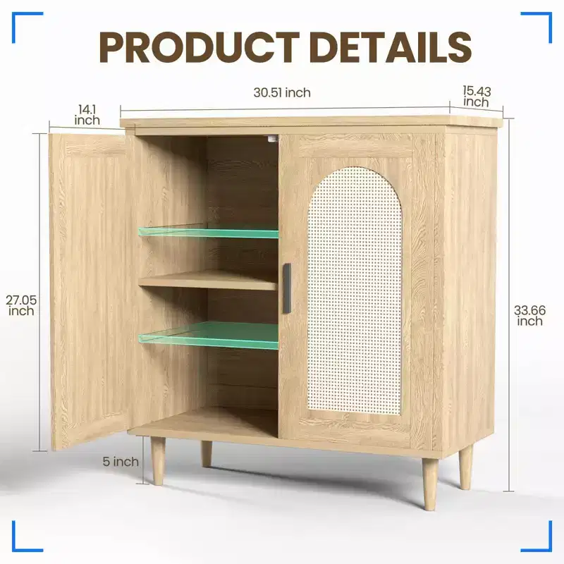 Rattan Buffet Cabinet with Storage, 30.51 Accent Console Table, Adjustable Shelves, Compact Sideboard for Entryway, Dining Room, & Kitchen