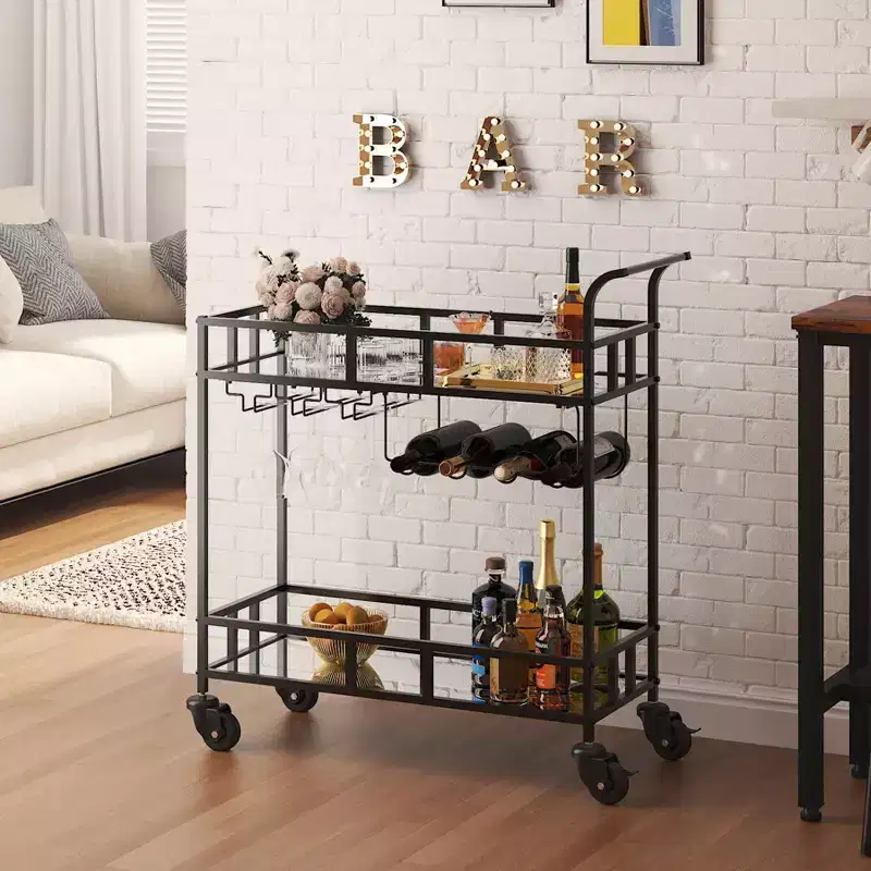 2 Tier Rolling Wine Bar Cart, Small Alcohol Liquor Cart with Mirrored Shelves, Wine Racks & Glass Holder, Compact for Living Room Party, Silver