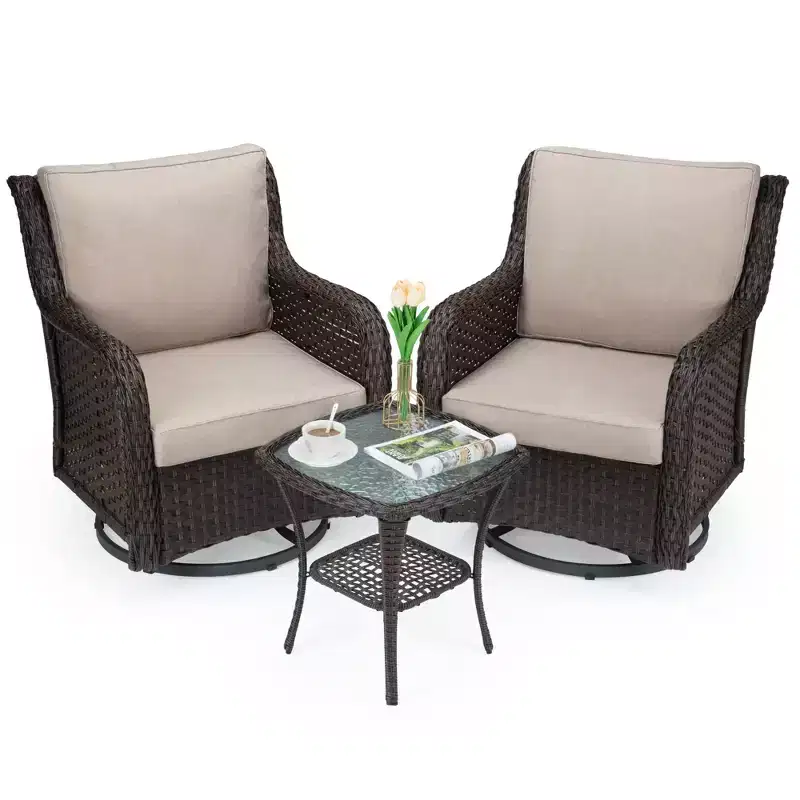 Swivel Wicker Glider Patio Chairs, 360-Degree Swivel Rocking Chair, 3 Pieces Outdoor Bistro Set, for Porch, Balcony