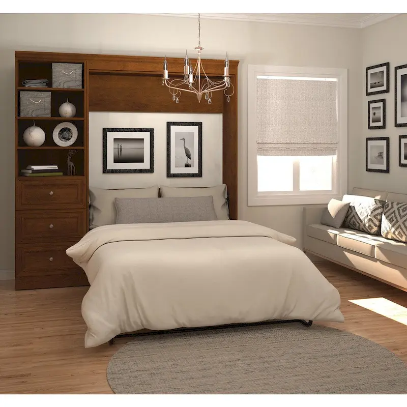 White / Tuscany Brown Full Murphy Bed with Closet Organizer & Drawers, 84W