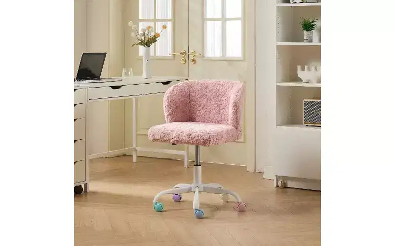Ergonomic Wide Seat Home Office Desk Chair, Artificial Alpaca Wool Vanity Chair with Wrapping Backrest, Adjustable Swivel Office Chair
