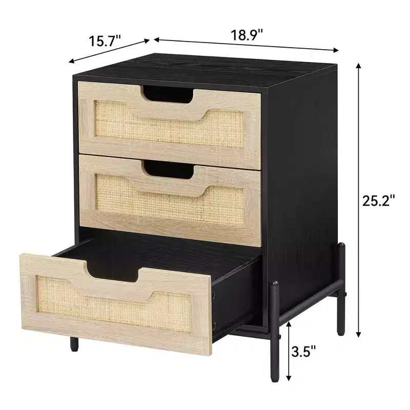 Nightstand, Rattan End Table, Nightstands with 3 Natural Rattan Drawers 1 or 2 pack