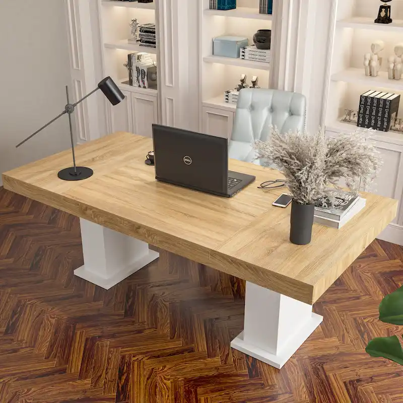 Practical Large Wooden Desk Copmputer Desk Dining Table w/White Base