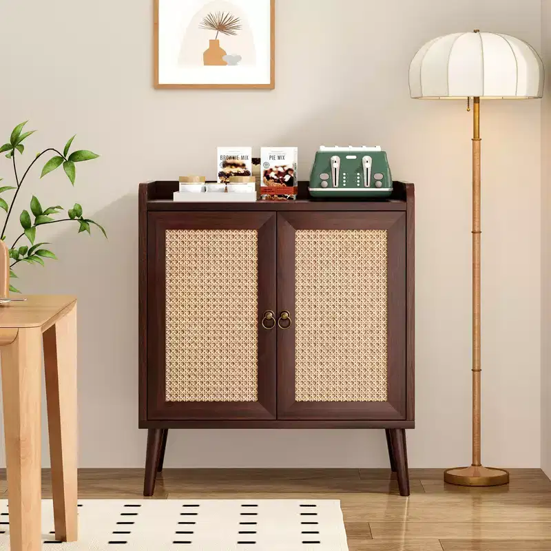JVNOXK Sideboard Buffet Cabinet with Storage, Bar Liquor Cabinet with Rattan Decorated Doors,Hallway,Walnut