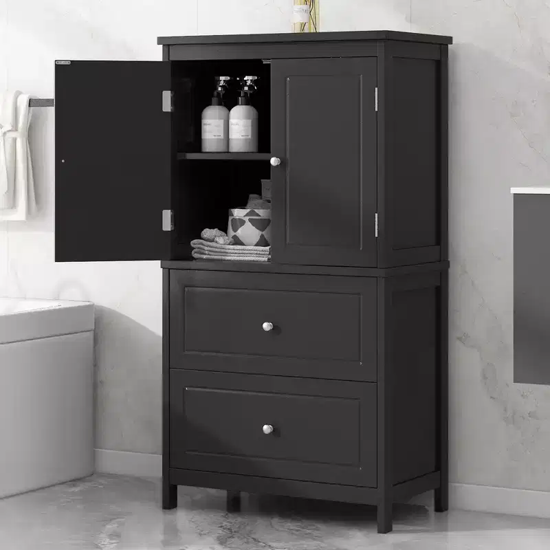 Bathroom Storage Cabinet Cabinet with Two Doors and Drawers Adjustable Shelf MDF Board Black