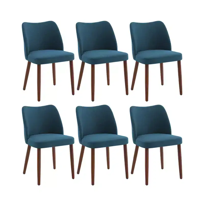 Set of 6 Modern Wing Back Dining Chairs, Linen Upholstered High Back Wood Legs, Thick Cushions Space-Saving Kitchen