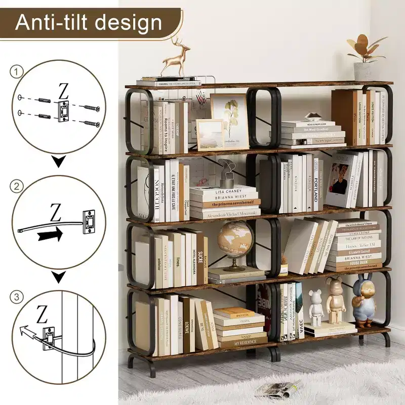 5-Tier Bookshelf, Tall Bookcase with Open Wood & Metal Design Vintage Storage Organizer for Books, CDs, Movies, Multi-Purpose Shelf for Living Room
