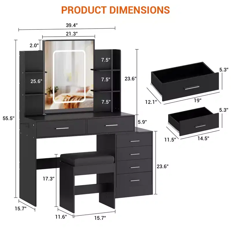 COZONY Vanity Desk with Mirror & Lights, Makeup Vanity Table with 6 Drawers, Shelves, Charging Station, Stool & 3-Color Adjustable Lighting