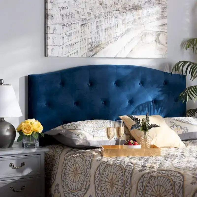 Navy Blue Velvet Arched Headboard, Button Tufted, Queen/Full/King