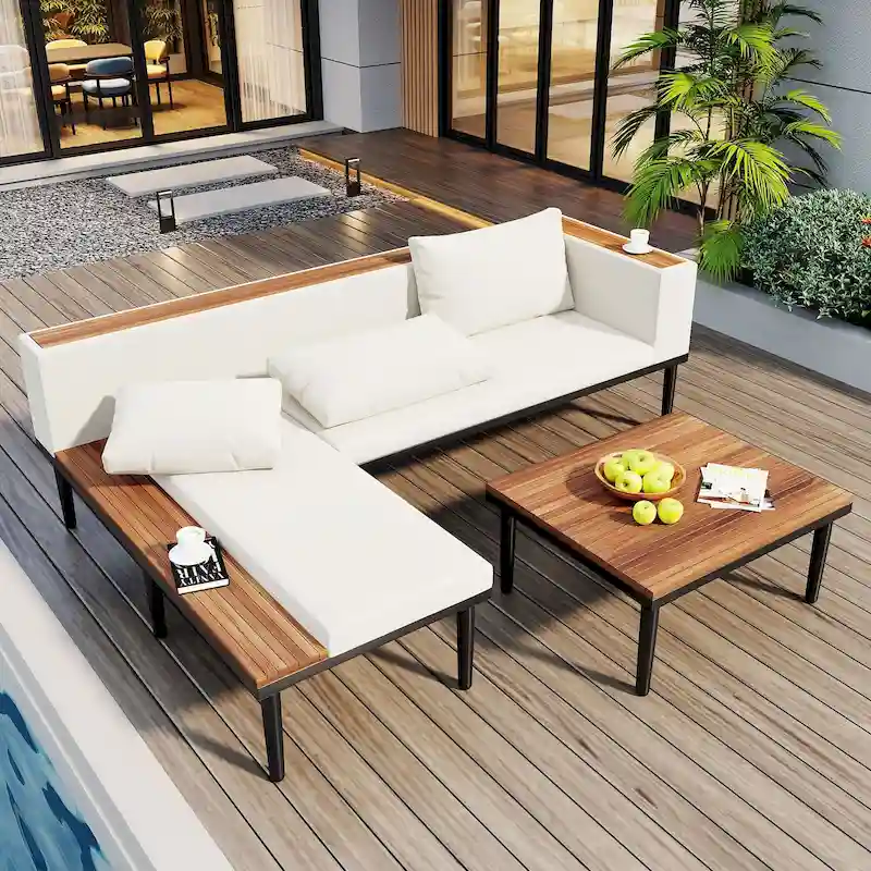 Luxury Patio Furniture Set with Removable Cushions and Coffee Table, L-Shaped Acacia Wood Sofa with Side Table