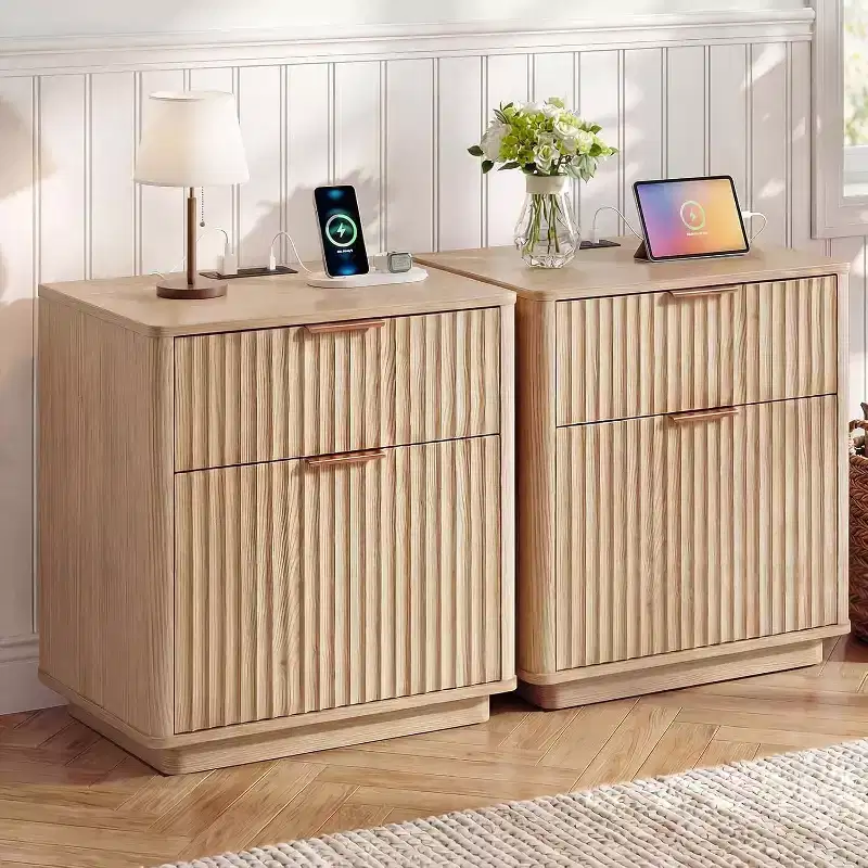 23'' Fluted Nightstand, 2-Drawer Wood Nightstand with Charging Station, Metal Handle & Curved Profile, Modern Side Table for Bedroom/Living Room