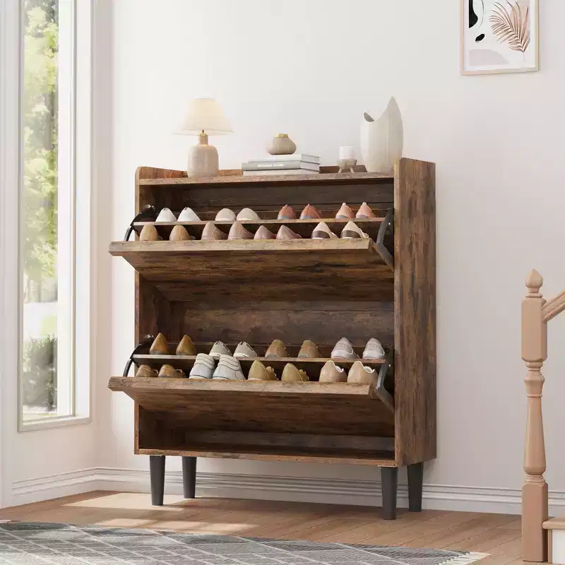Flip-out drawer shoe cabinet with adjustable wooden shelves, ideal for entryways, hallways, and living rooms as a concealed shoe storage solution.