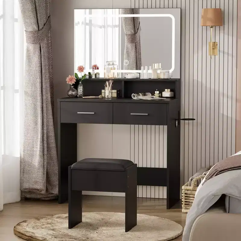 COZONY Vanity Desk with Mirror & Lights, Makeup Vanity with Cushioned Stool & 2 Drawers - Modern Dressing Table