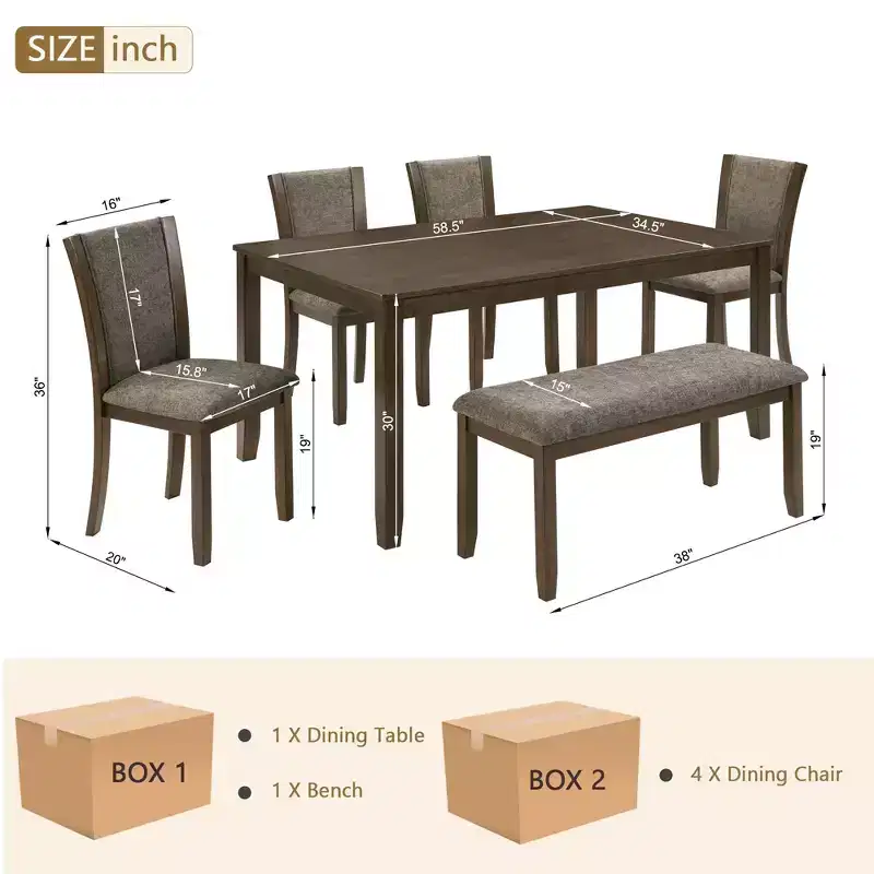 GDFStudio Eira Farmhouse 6-Piece Dining Set with Rubberwood Rectangular Table, 1 Bench, and 4 Linen Upholstered Chairs