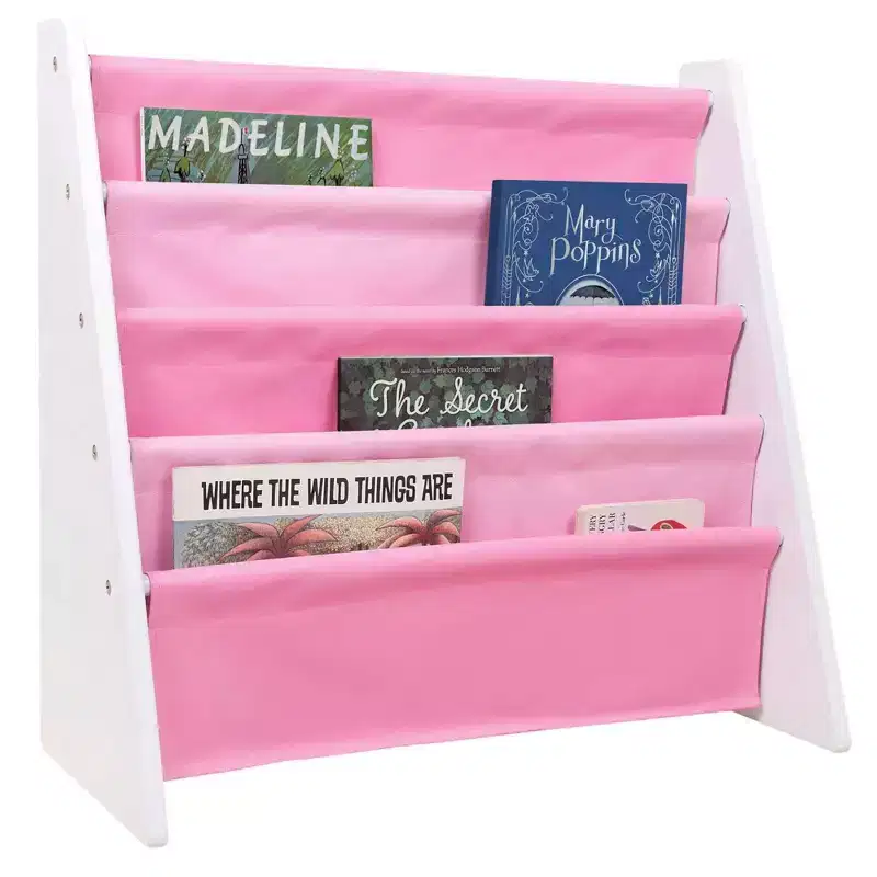 Kids' Vegan Leather Sling Bookshelf - White Wood, Light Pink/Dark Pink, 4 Shelves, Ages 3-10