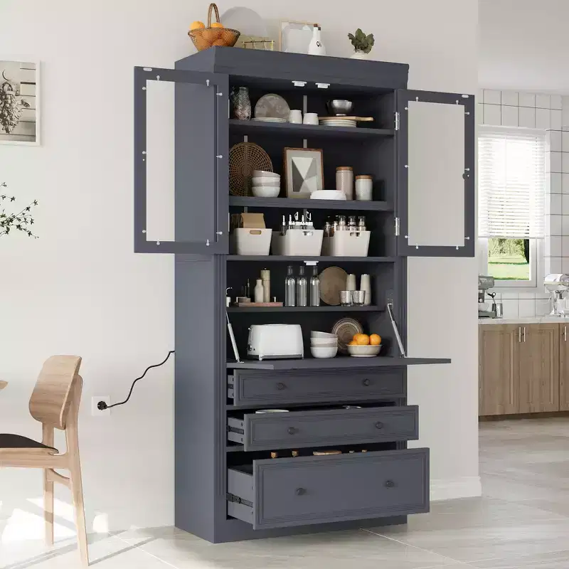 Tall Kitchen Pantry Cabinet with Power Outlets, Freestanding Cupboard with 3 Drawers and Adjustable Shelves for Dining Room