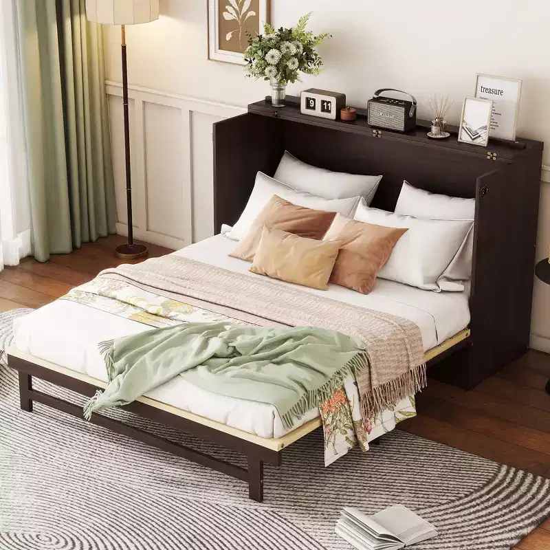 Whisen Queen Size Pine Wood Murphy Bed with Rattan Decoration & Storage Drawer