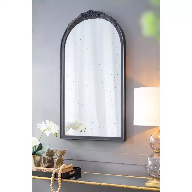 23 x 42 Inch Hand Carved Rose Arched Wall Mirror Black Frame
