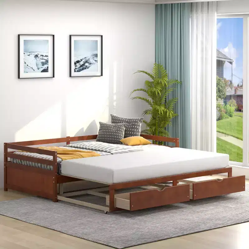 Twin to King Extendable Daybed with 2 Drawers Wooden Sofa Bed White/Cherry