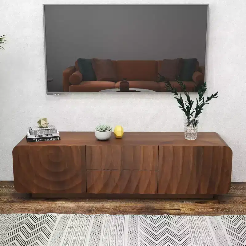 JVNOXK 58-inch TV Stand, Mid-Century Spiral Wave Design, with Storage Cabinet and Two Drawers, Suitable for Living Room or Bedroom, Walnut
