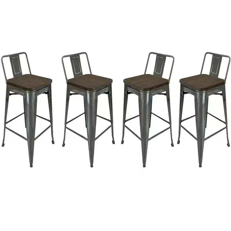 HomeRoots Set of Four 30 Brown and Gray Solid Wood and Metal Low Back Bar Height Bar Chairs