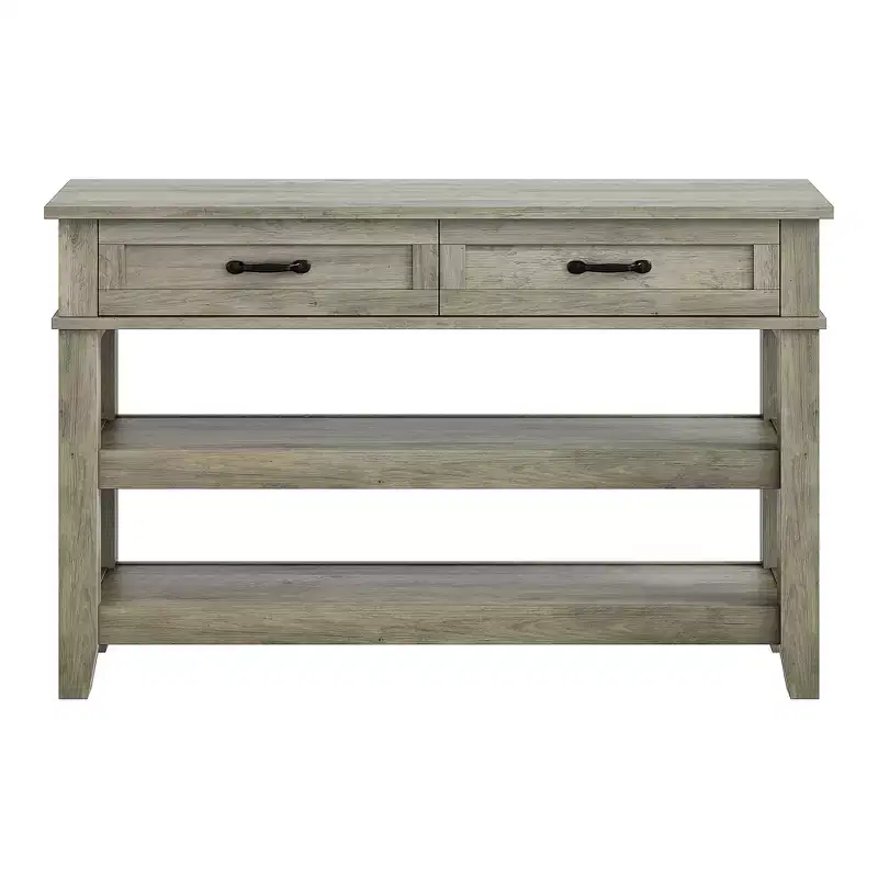 Farmhouse Entryway Table, Console Table with 2 Storage Drawers, 3 Tier Farmhouse Wooden Sofa Table, Hallway Table for Entryway, Living Room-Grey