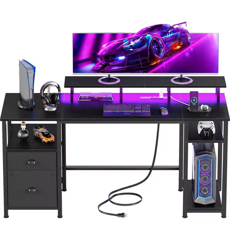 61 Inch Black Computer Desk with Charging Station Reversible Gaming Desk LED Lights File Cabinet Monitor Stand Storage Shelves Home Office