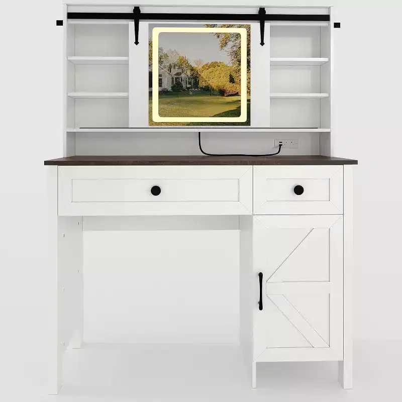 Vanity Desk with LED Lighted Mirror, Makeup Table with Charging Station, Drawers & Storage Stool, Modern White Dressing Table for Bedroom