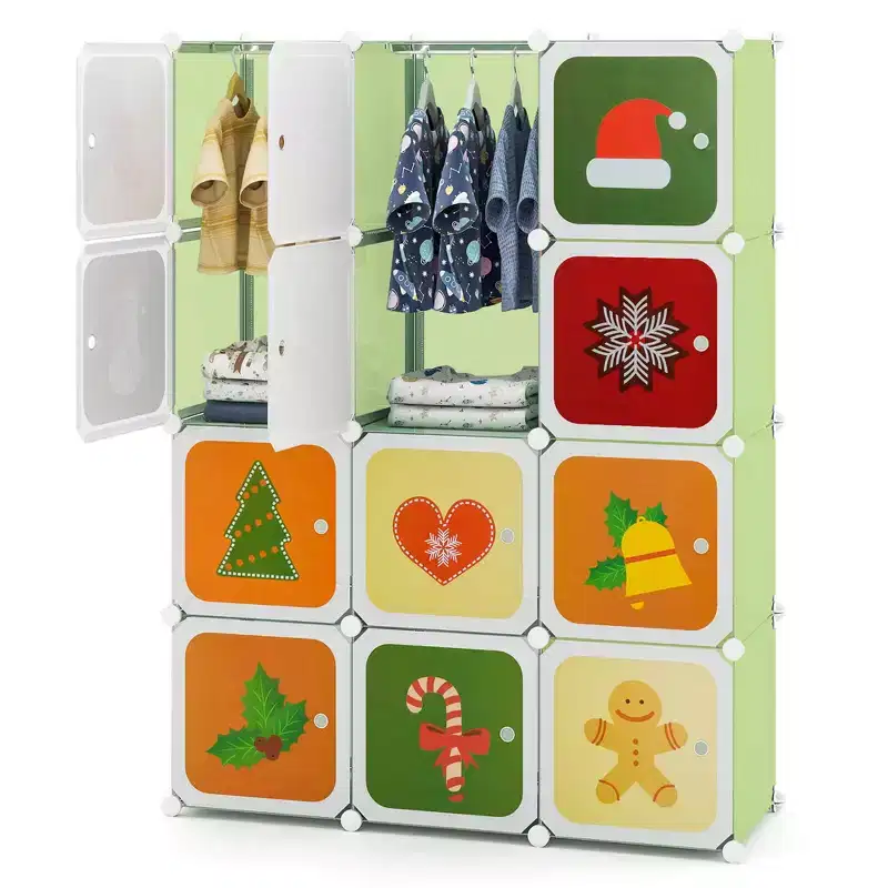 12-Cube Kids Wardrobe with Doors - 8 Storage Cubes + 2 Hanging Sections, Pink/Green, 43